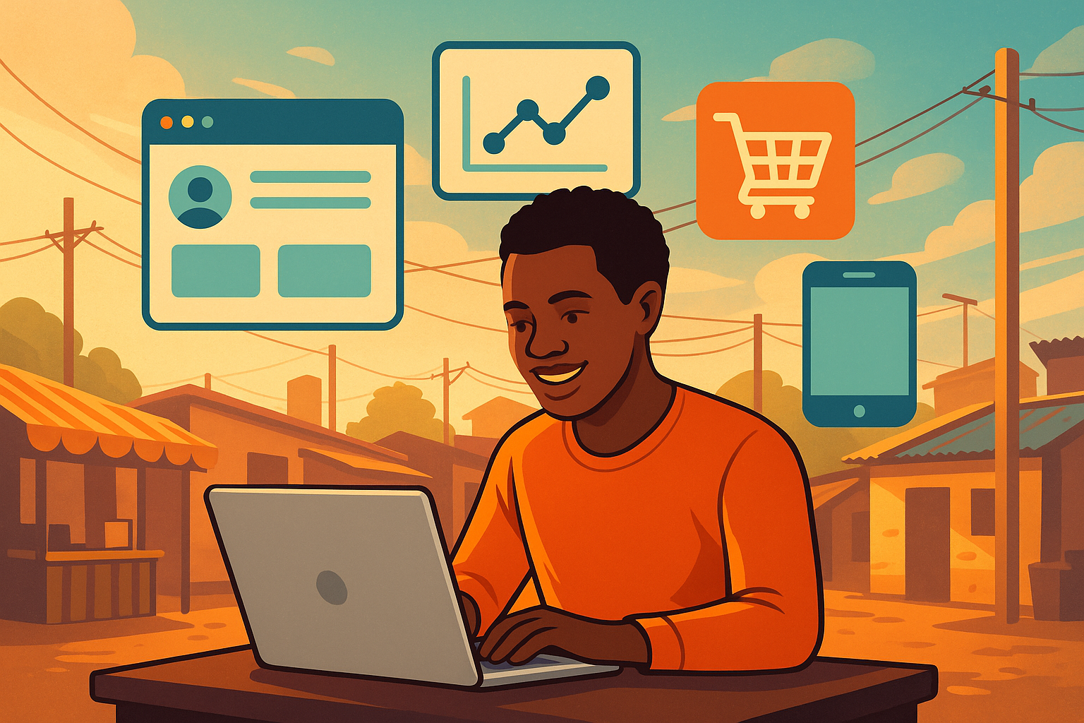 A vibrant digital illustration showing an African entrepreneur (woman or man) using a laptop in a township setting. Behind them are visual symbols of digital tools: a webpage, analytics chart, shopping cart, and mobile phone.