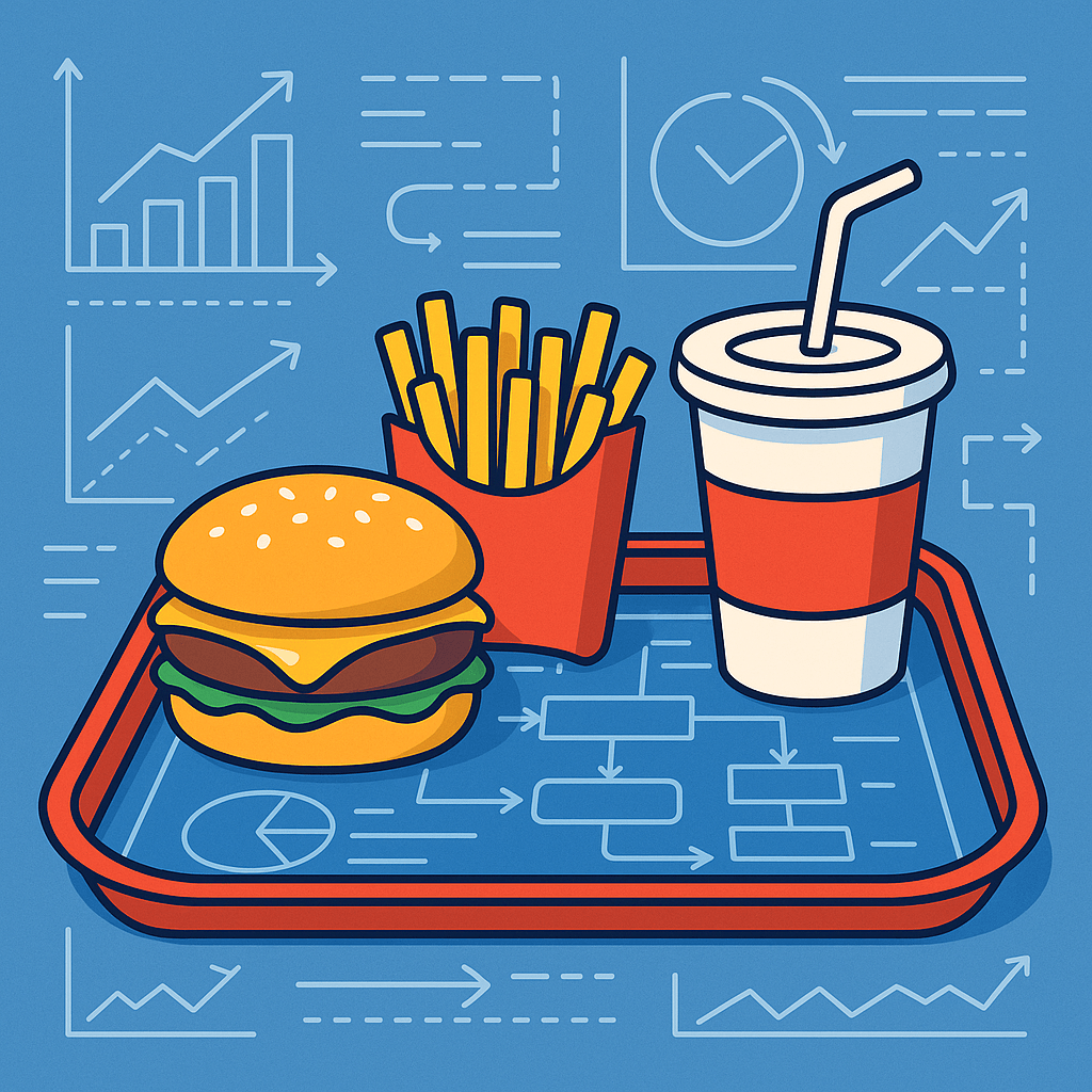 A clean, modern visual showing a fast-food tray with a burger, fries, and a drink, but instead of a plain background, the tray sits on top of a blueprint or schematic drawing with arrows, graphs, and flow diagrams.
