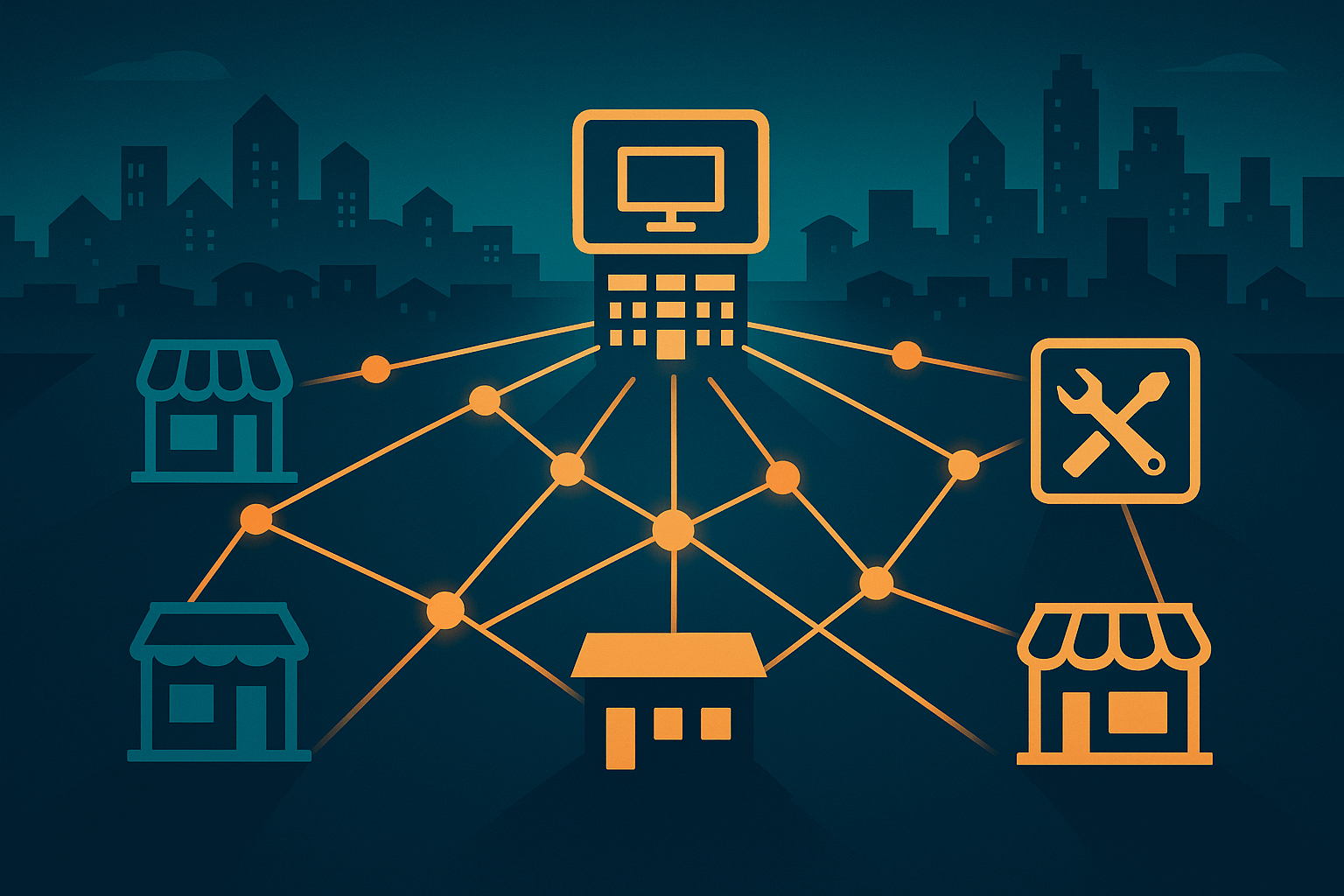 An abstract, professional-style digital illustration showing a network of small businesses connected via glowing digital lines to a central enterprise system. Include African cityscapes and stylized supplier icons (e.g., shopfronts, toolkits).