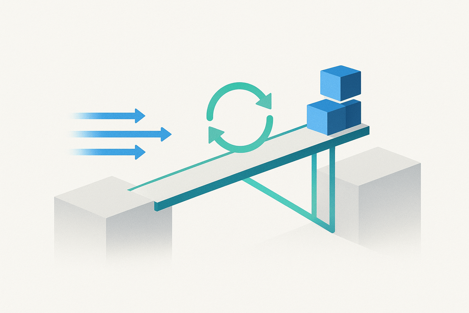 A bridge being built across a gap, but instead of bricks and steel, the structure is formed from glowing data signals, looping arrows (feedback), and memory blocks stacked like Lego.