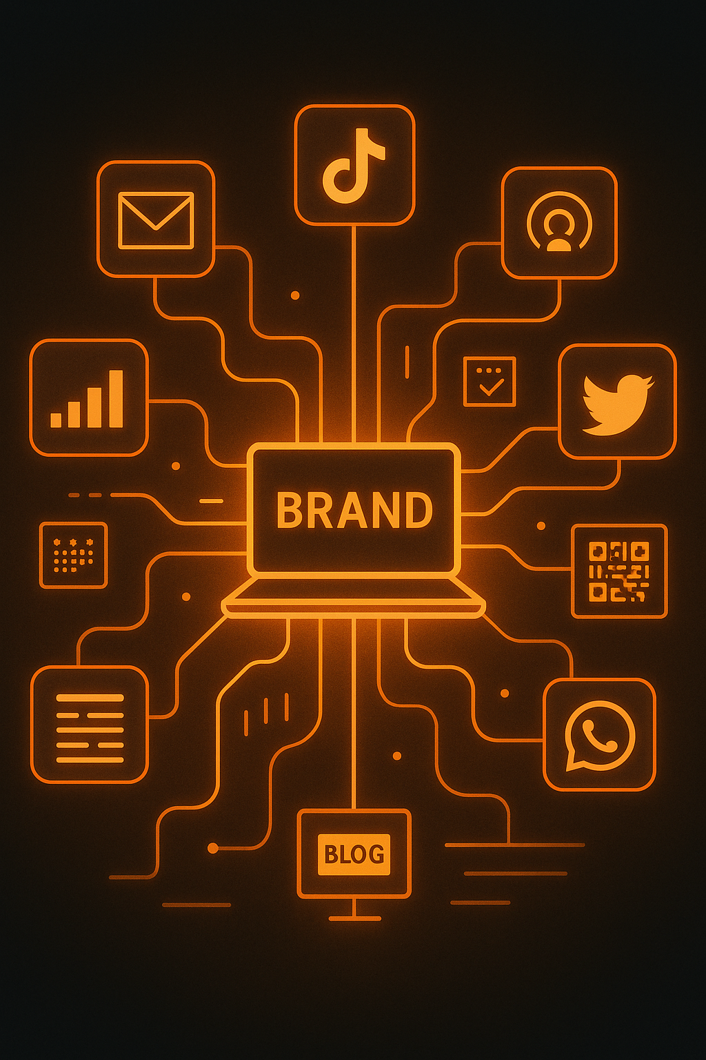 A glowing central brand hub surrounded by connected screens, each representing a different platform (e.g. email, podcast, TikTok, blog, Twitter, WhatsApp). Thin glowing lines or circuit traces connect the central hub to all platforms, showing seamless dist