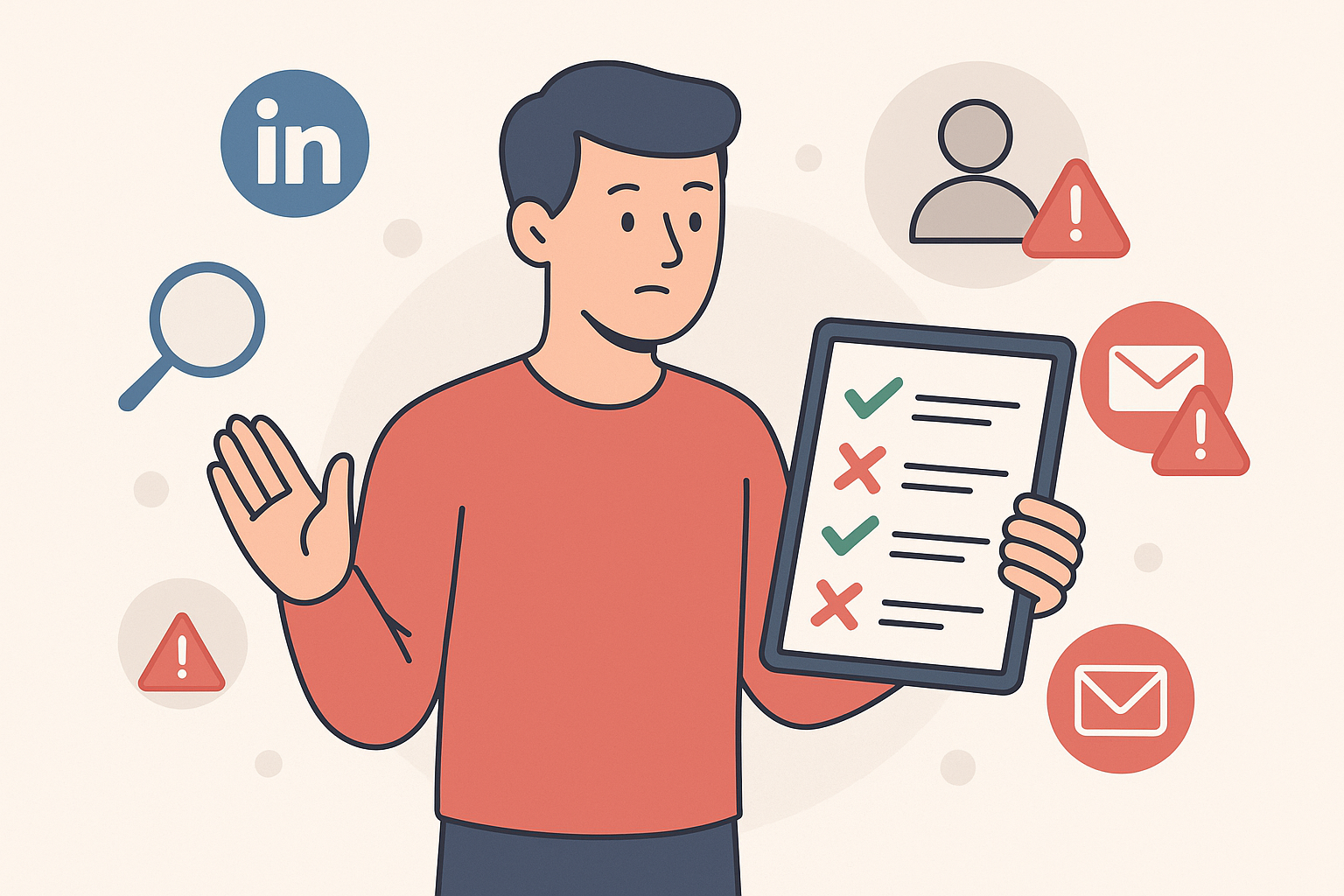 A digital illustration of a person holding a digital checklist or tablet screen showing red error marks and green checkmarks. Around them float symbols for LinkedIn, email, search, and social profiles—some with warning signs.