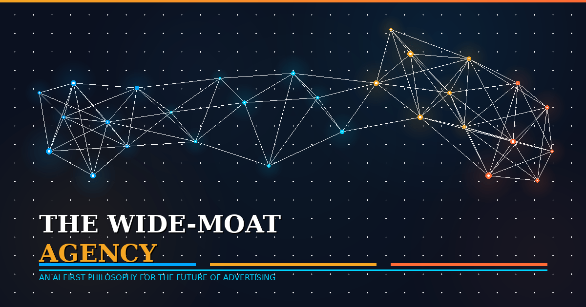 three colour-coded constellation clusters representing the three pillars (blue for causation, gold for magic, orange for value) connected by a network graph, with the three pillar accent bars at the bottom. Ready for the Acalytica blog header or social car