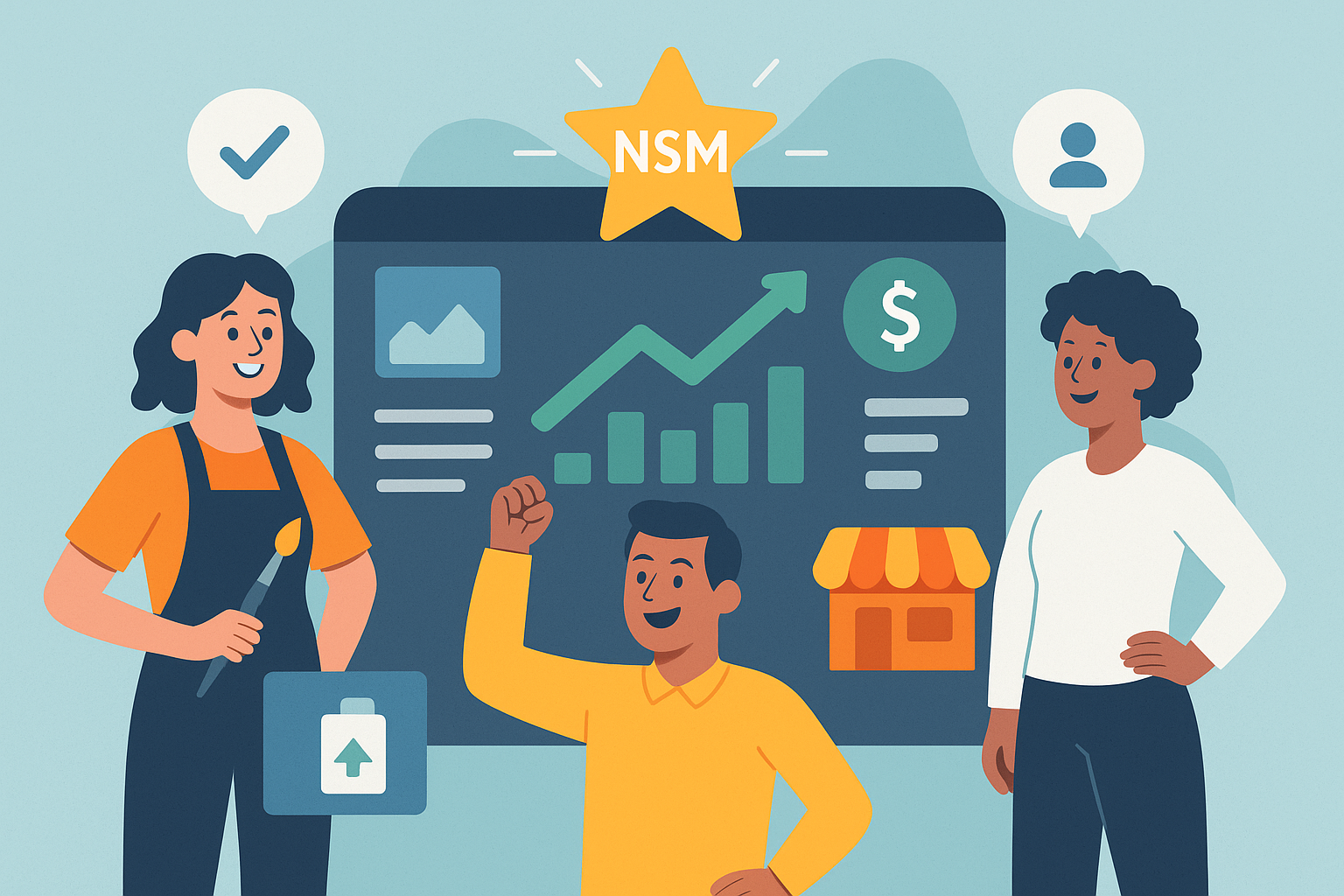 A sleek, modern illustration showing a dashboard with growing analytics charts, a glowing star labeled “NSM,” and icons for products, payments, and user activity. A diverse group of creators (an artist, a coach, a small business owner) are standing around