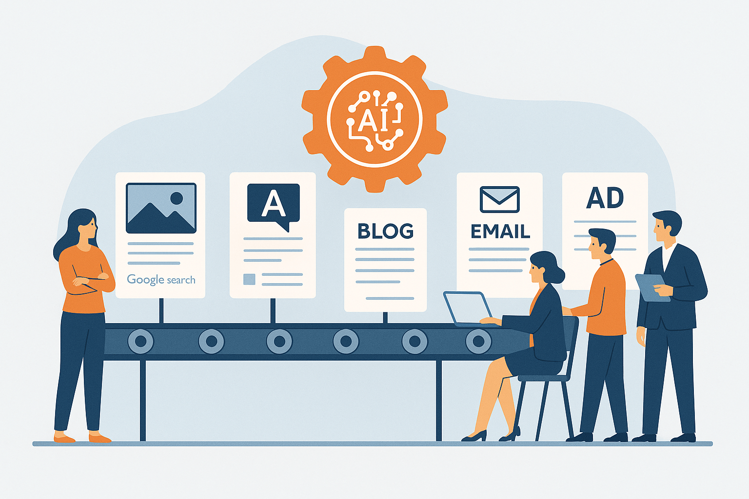 A conveyor belt with different marketing assets (ads, blogs, emails) moving smoothly, while a small team of people supervises, symbolising efficiency at scale.