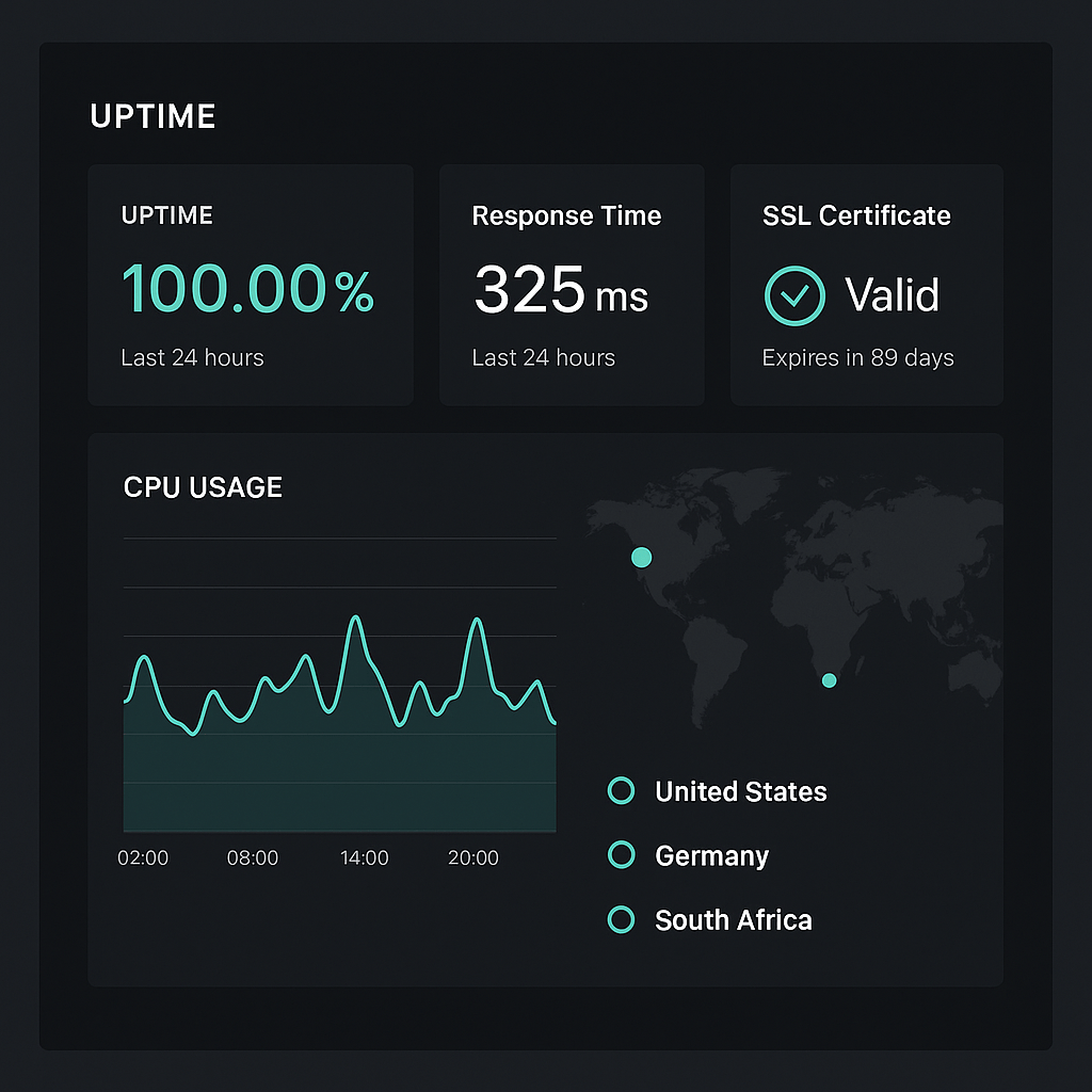 Minimalist dark-mode dashboard interface showing real-time uptime metrics, server CPU graphs, SSL certificate status, and world map with monitoring nodes in South Africa, USA, and Germany. Clean tech aesthetic, cyan accents on black background, sharp typog