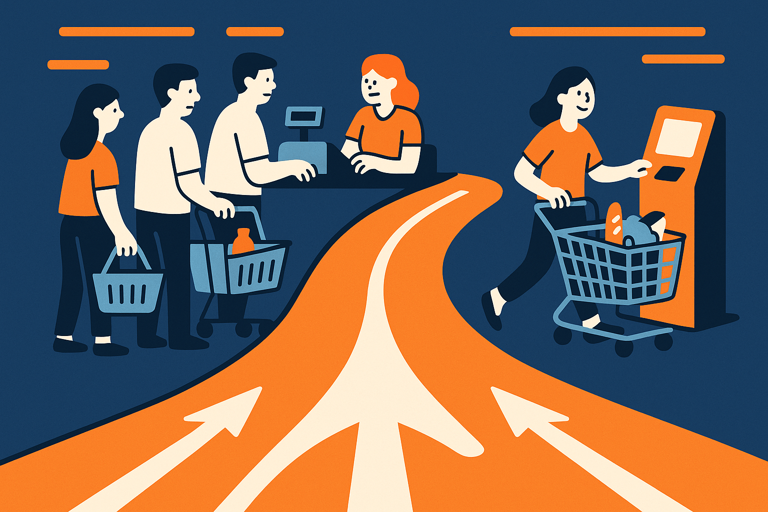 A flat-style illustration comparing two shopping experiences: on the left, a cluttered checkout lane with long queues and frustrated shoppers; on the right, a fast self-checkout with a smiling shopper leaving quickly.