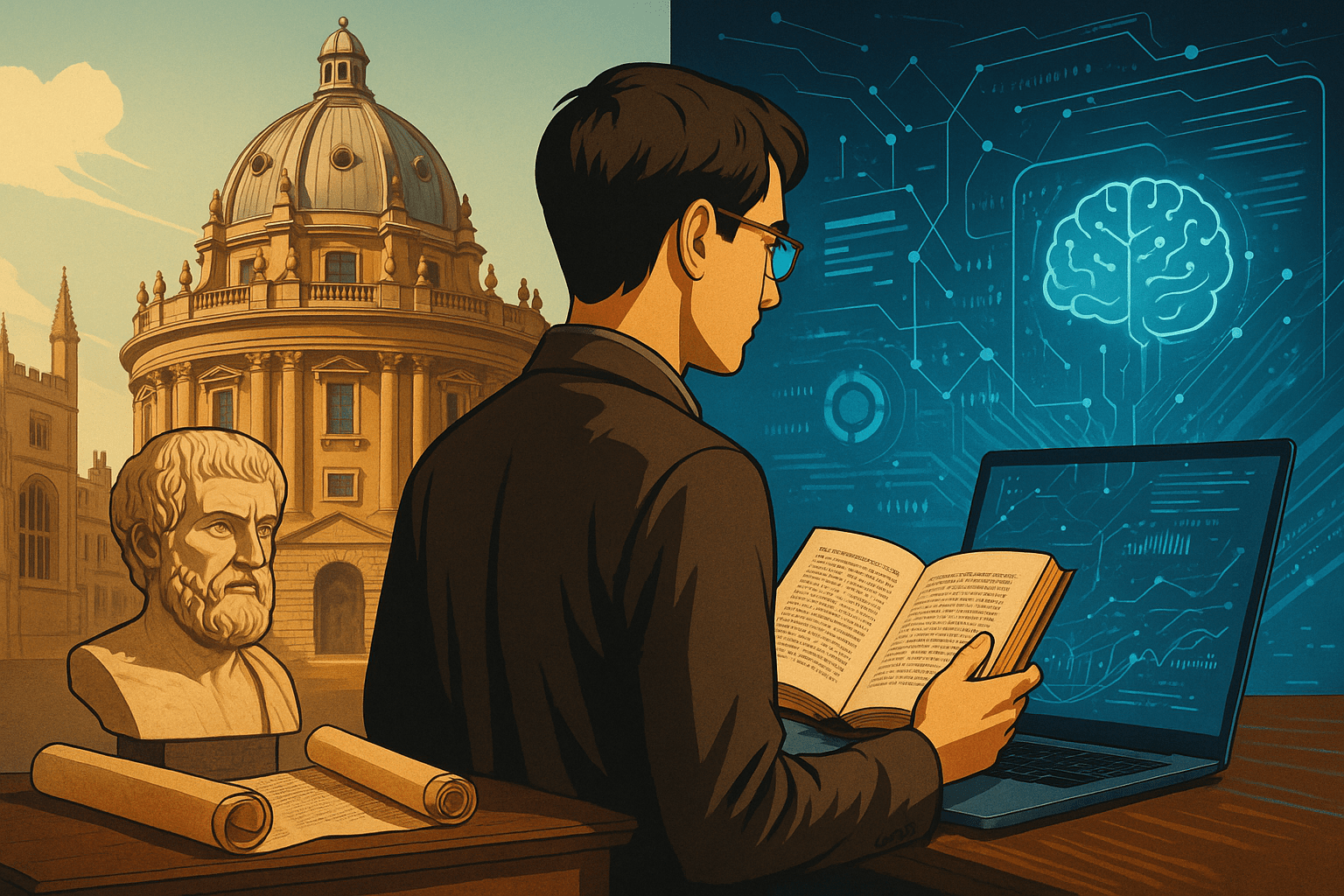 A split image showing:  On the left, ancient Oxford architecture (e.g., Radcliffe Camera or Bodleian Library) with scrolls, books, and a philosopher’s bust.  On the right, a futuristic AI interface glowing on a laptop, with streams of data flowing.