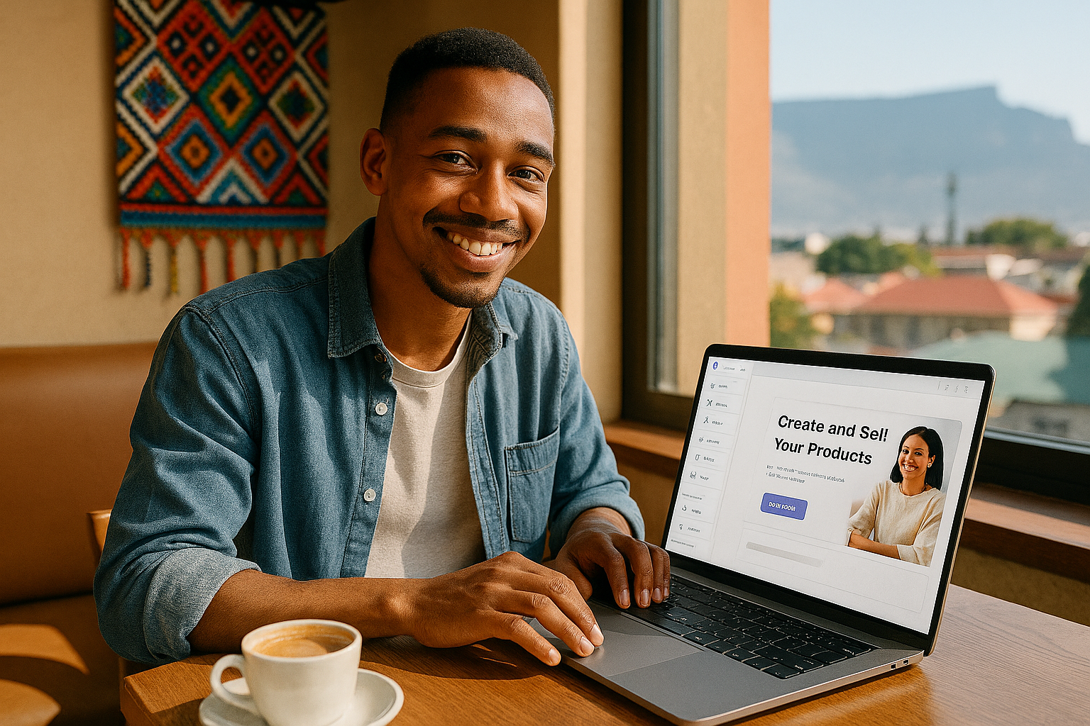 A young South African entrepreneur sitting at a coffee shop, smiling while working on a laptop. On the screen is a sleek landing page builder with drag-and-drop elements visible.