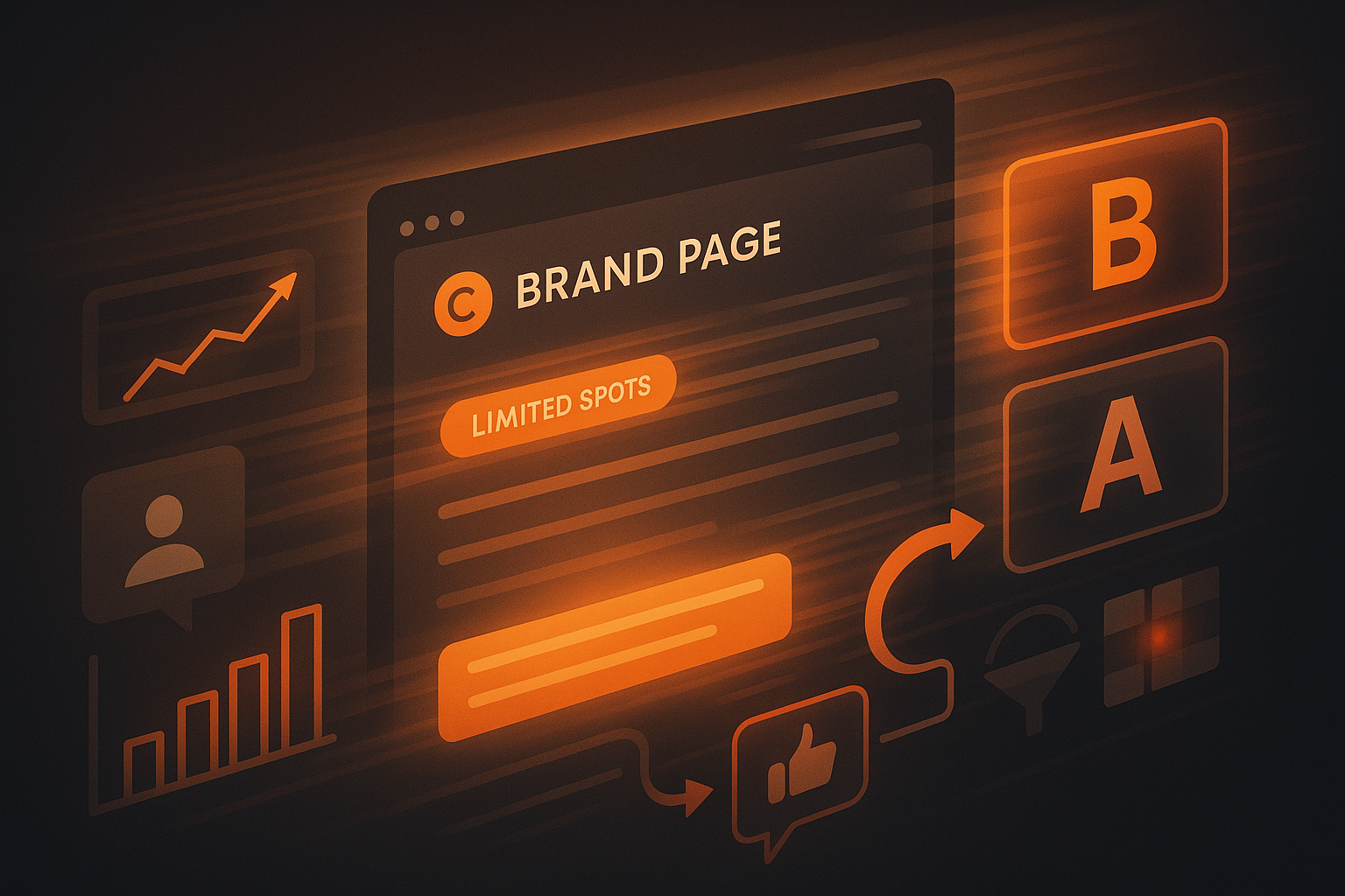A dynamic scene of a digital dashboard with changing data, glowing A/B test buttons, and a brand page morphing in real-time. Include motion blur effects to indicate speed and feedback arrows looping between user interaction icons and brand elements.