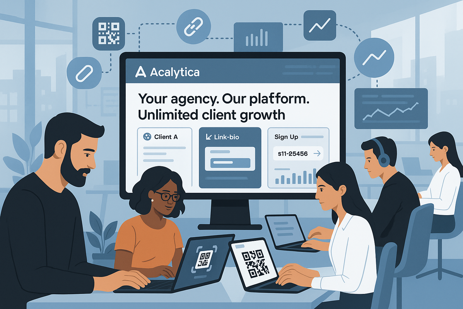A sleek, modern office with diverse marketers working on laptops.