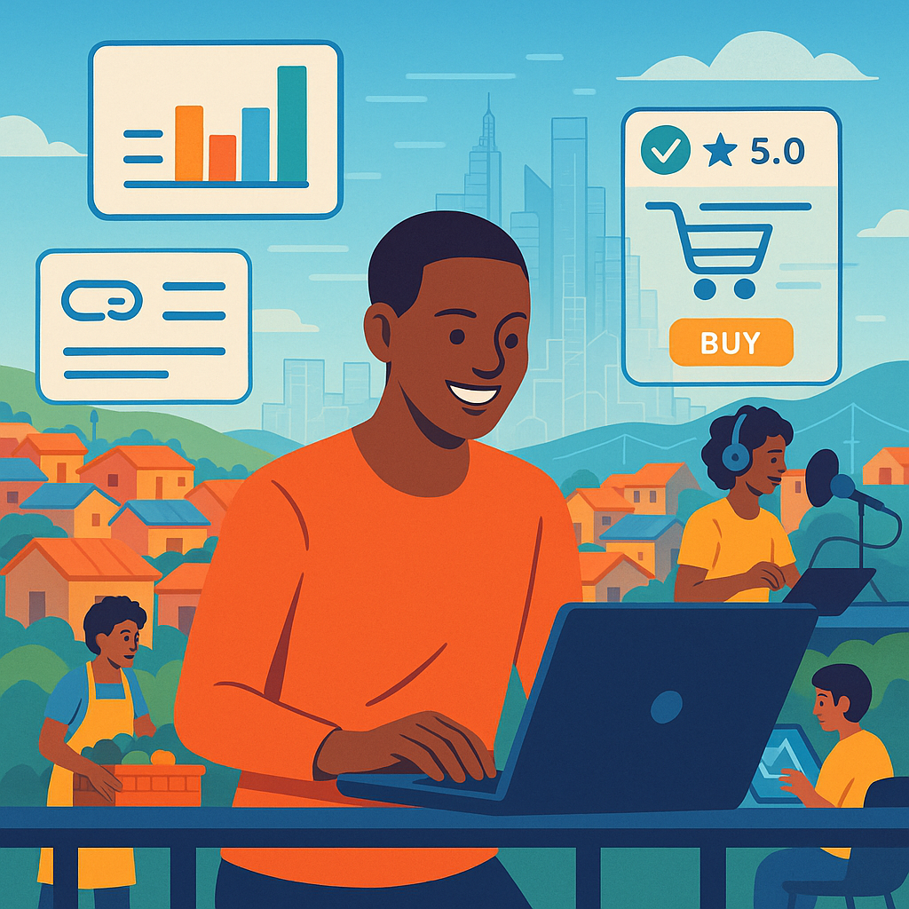 A vibrant digital illustration showing a young South African entrepreneur (gender-neutral) confidently using a laptop on a balcony overlooking a township with a digital skyline overlay (symbolizing online growth). Floating UI elements around them represent