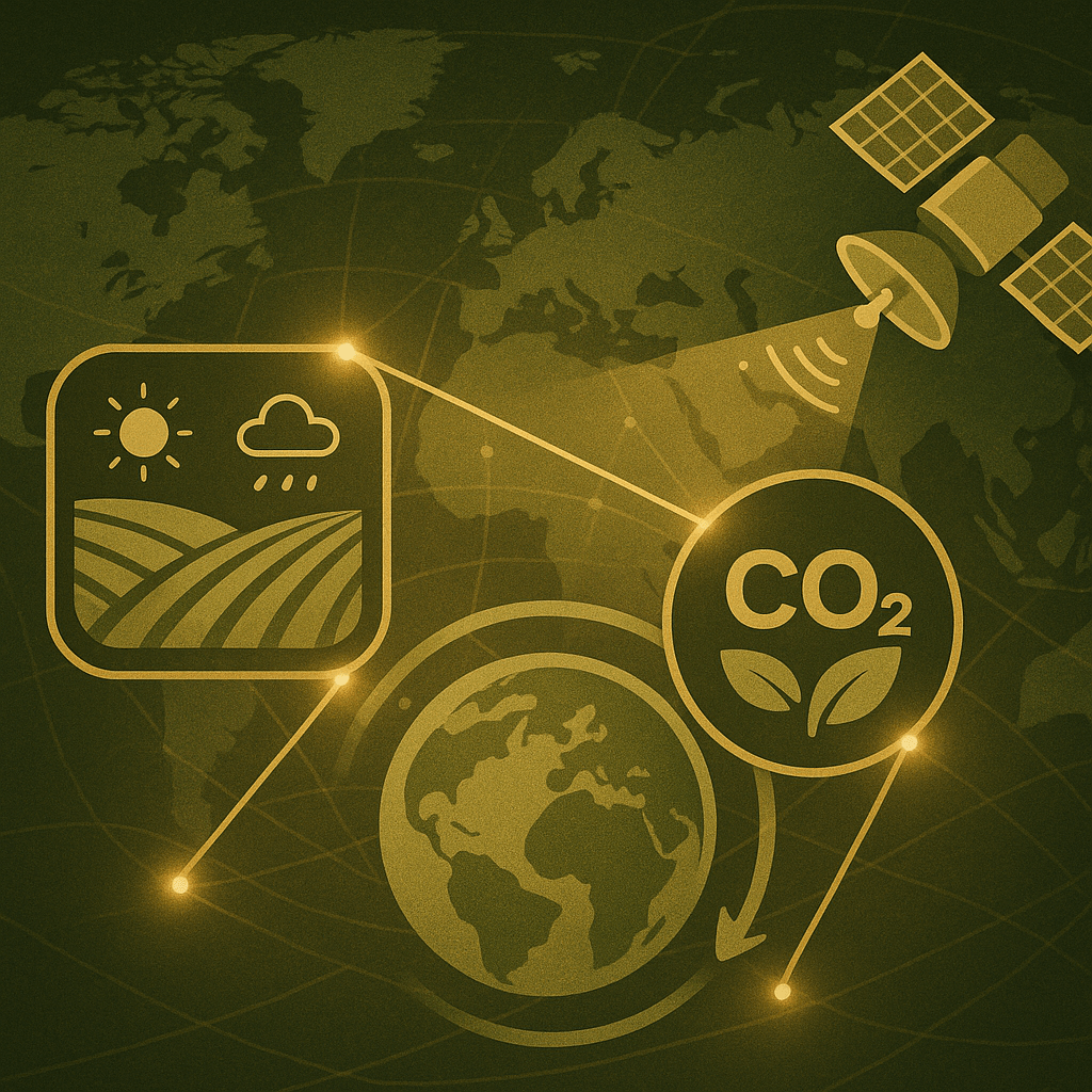A digital illustration with earthy green and brown tones featuring three main interconnected elements: a farm field with data overlays (like weather or soil icons), a satellite beaming data onto the Earth, and a circular carbon symbol with leaves
