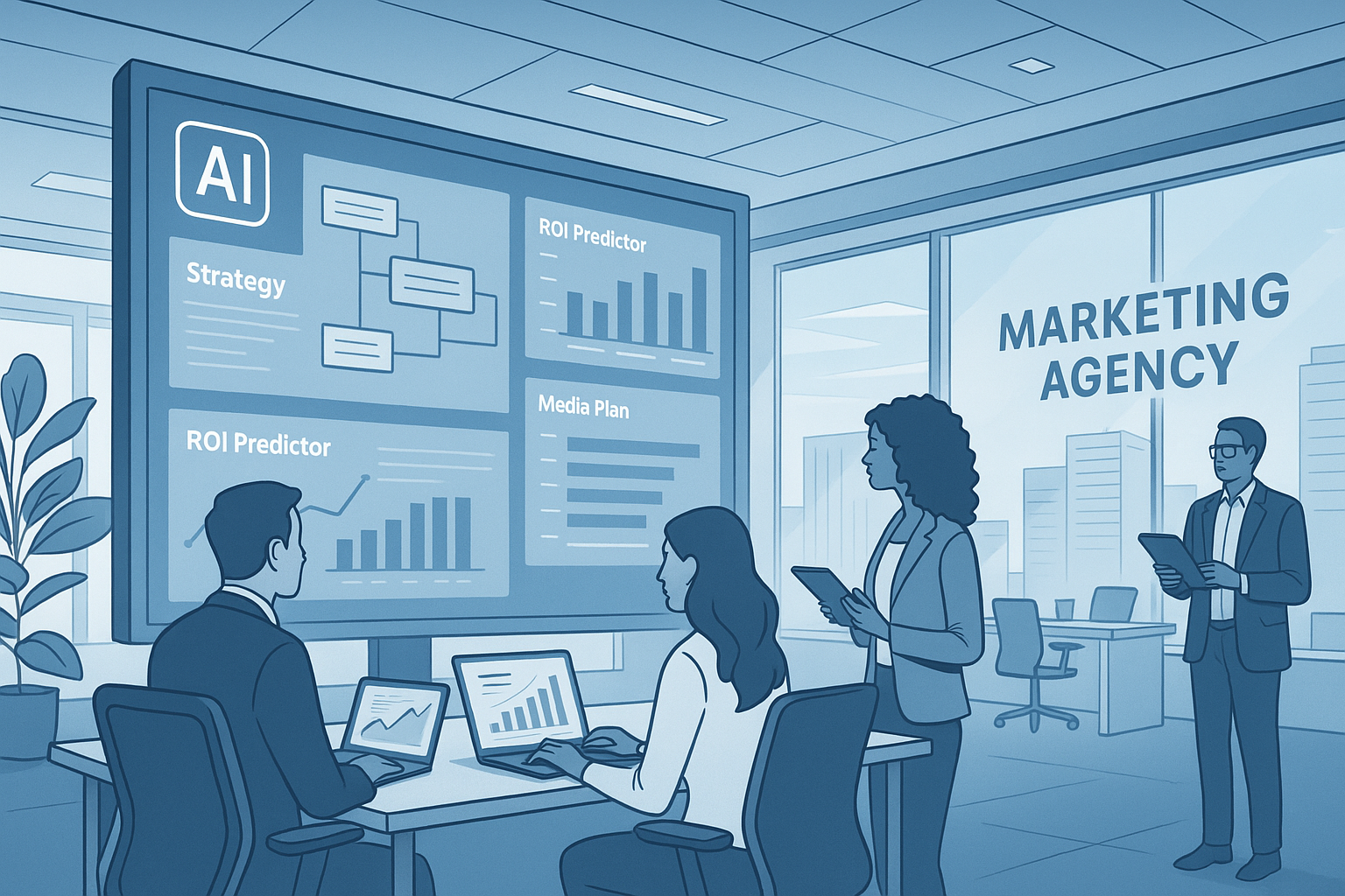 A futuristic marketing agency office with a digital dashboard showing AI tools in action—charts, strategy flows, and media plans on a large holographic screen. Diverse professionals (creatives, analysts, PR execs) collaborating in a sleek, modern space.