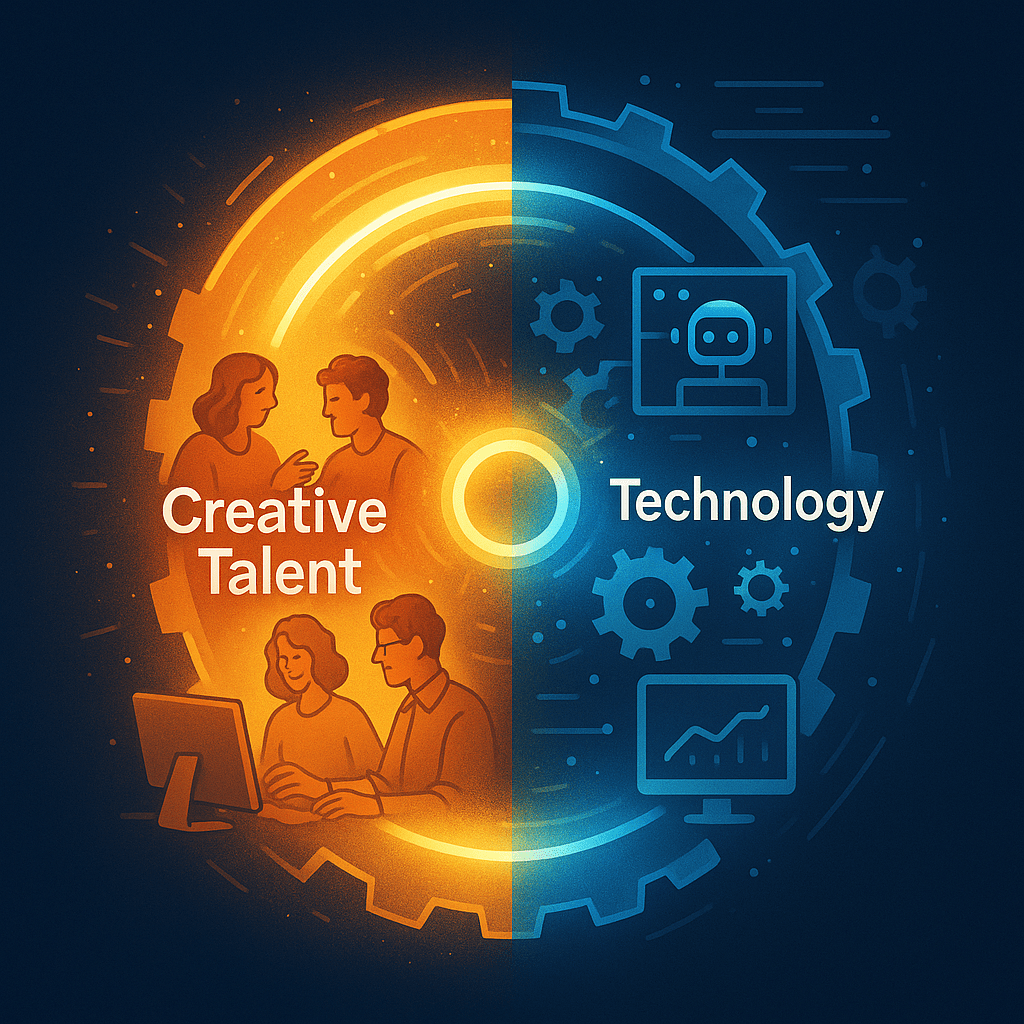 A symbolic illustration of a glowing flywheel split into two halves: one side showing creative talent (designers, strategists brainstorming), the other side showing technology (AI interfaces, automation gears).