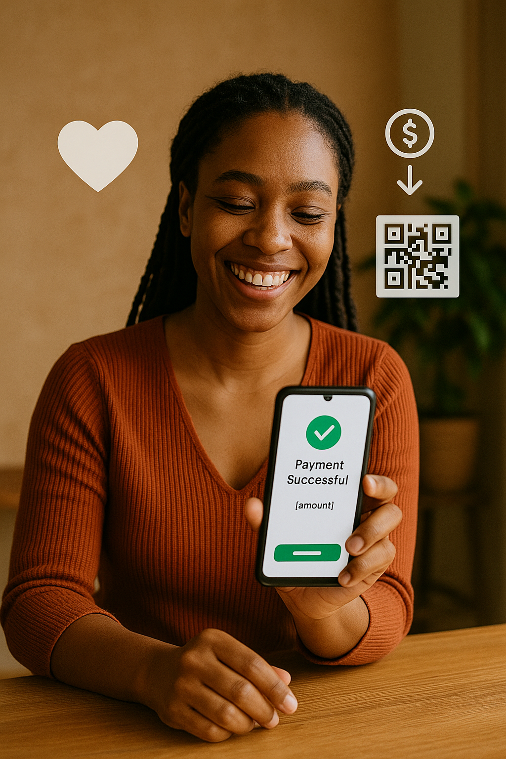 A young African creative (e.g., poet, content creator, musician) smiling while holding a phone displaying a successful payment or tip notification. The setting should feel warm and authentic — either at a desk, in a cozy room, or in a casual outdoor spot.