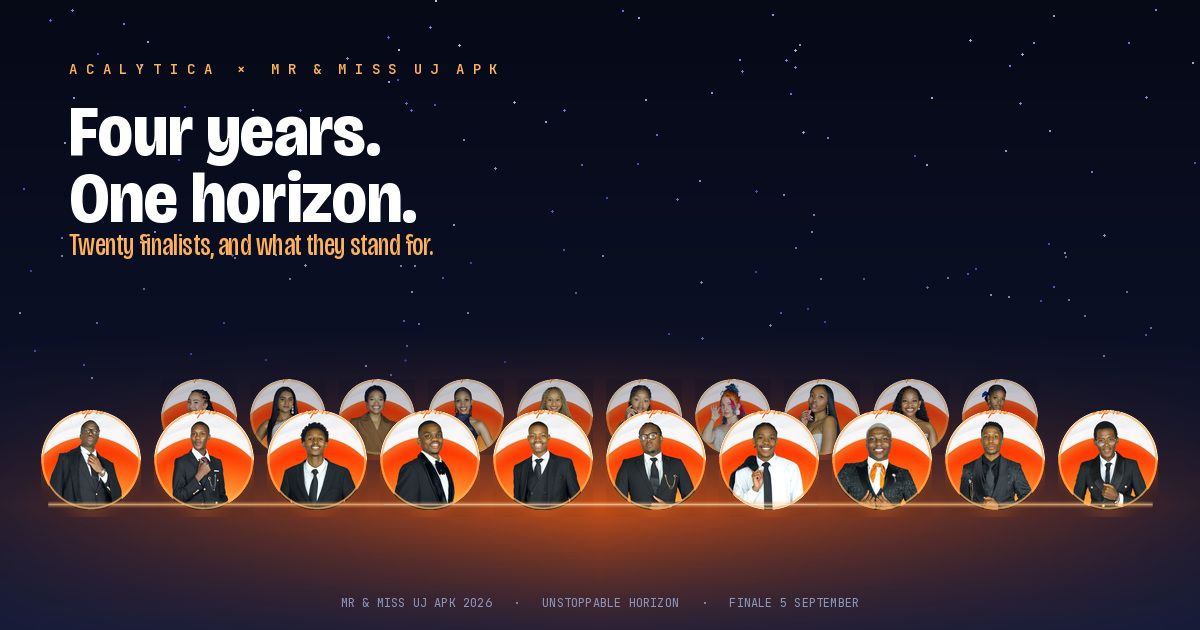 A night sky warming down to a lit horizon line, with all twenty finalists as circular medallions arranged in two ranks that rise above it and break the line. The back rank is smaller and slightly darkened to sit further away, the front rank larger and full