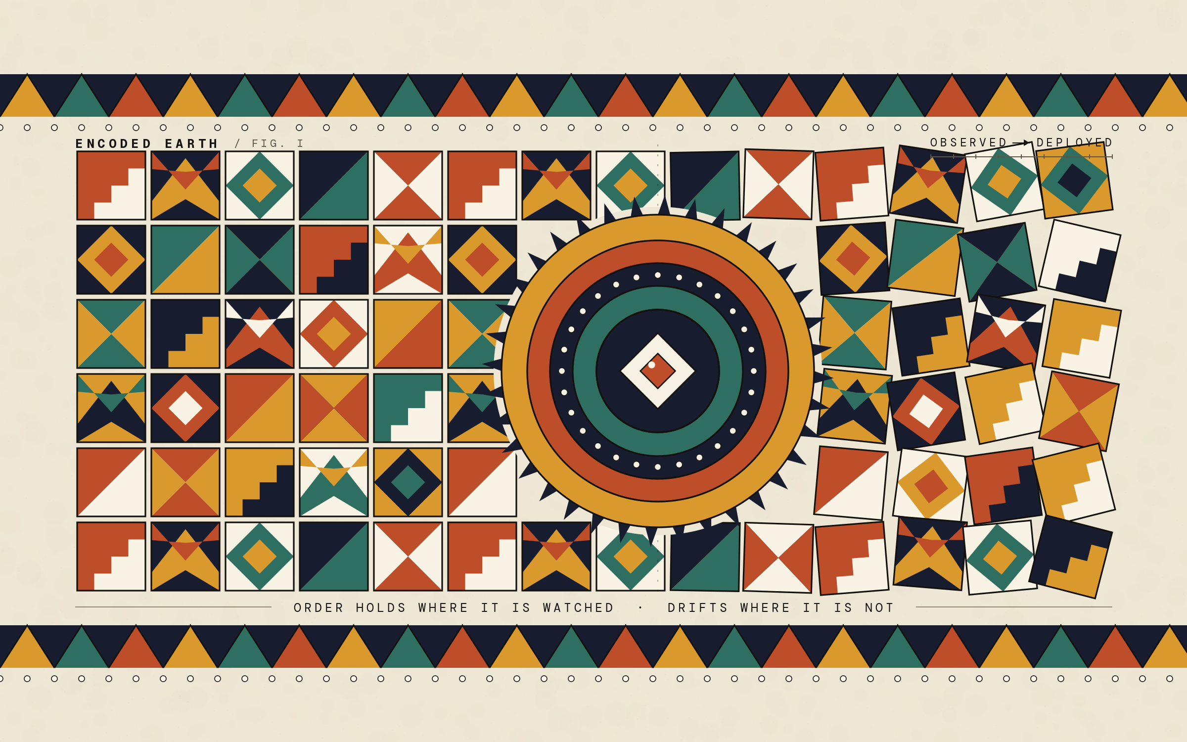 systematic, hand-painted geometry of southern-African wall art and beadwork (an idiom that resonates locally to Johannesburg): bold flat planes, confident black keylines, stepped-chevron border bands, and beaded dot rows, in an earth-and-dye palette of ter