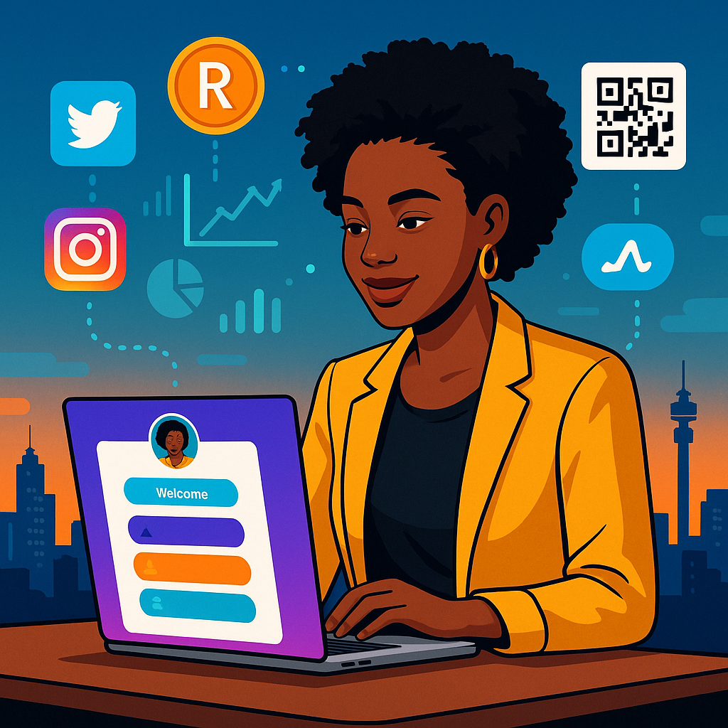 A confident South African creator (young black female entrepreneur) working on a laptop with a vibrant bio link page open, surrounded by icons of social media, ZAR payment symbols, QR codes, and analytics graphs. Background shows Johannesburg skyline with