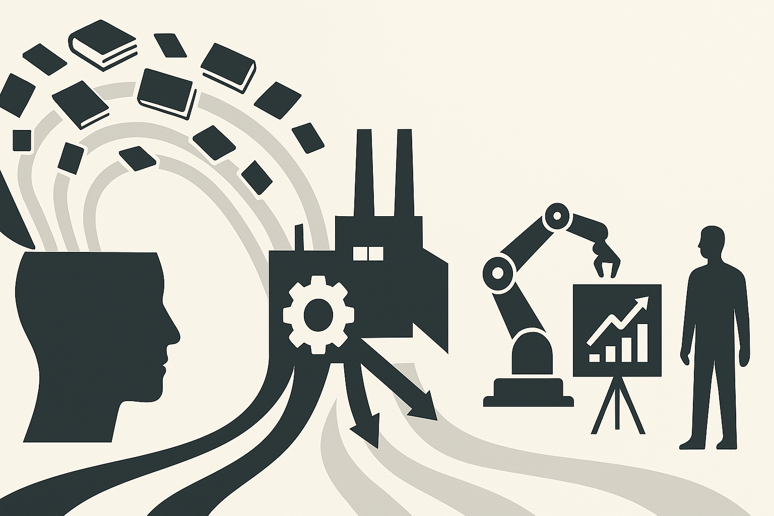 Minimalist conceptual illustration, knowledge depicted as an abundant raw material flowing like data streams, factory transforming information into automated decisions and real-world outcomes, human and machine collaboration silhouette, clean high-contrast