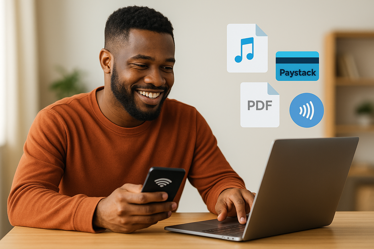 A confident African creative entrepreneur (musician, designer, or author) sitting at a table or studio, using a laptop or phone with visible Paystack or payment icons, and digital product elements (e.g., icons of music files, PDFs, or download symbols)