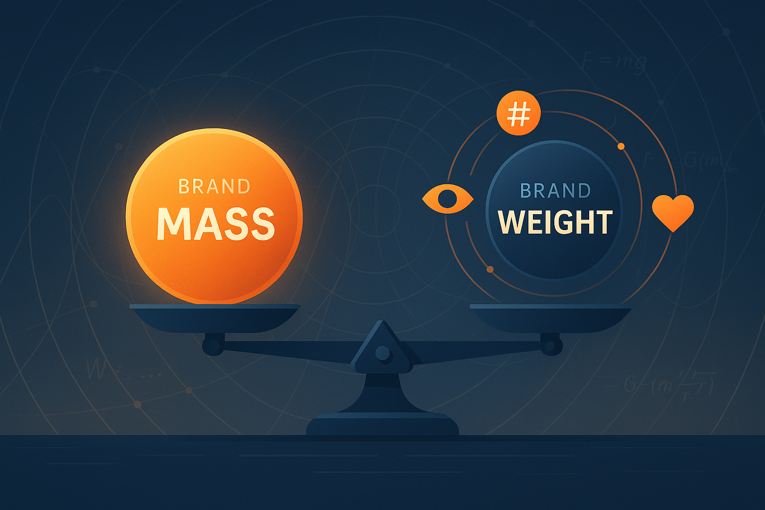 A stylised digital illustration of a scale balancing two abstract brand symbols: one side with a glowing orb labeled 'Mass' (representing core values and purpose), the other side labeled 'Weight' (surrounded by orbiting attention icons like