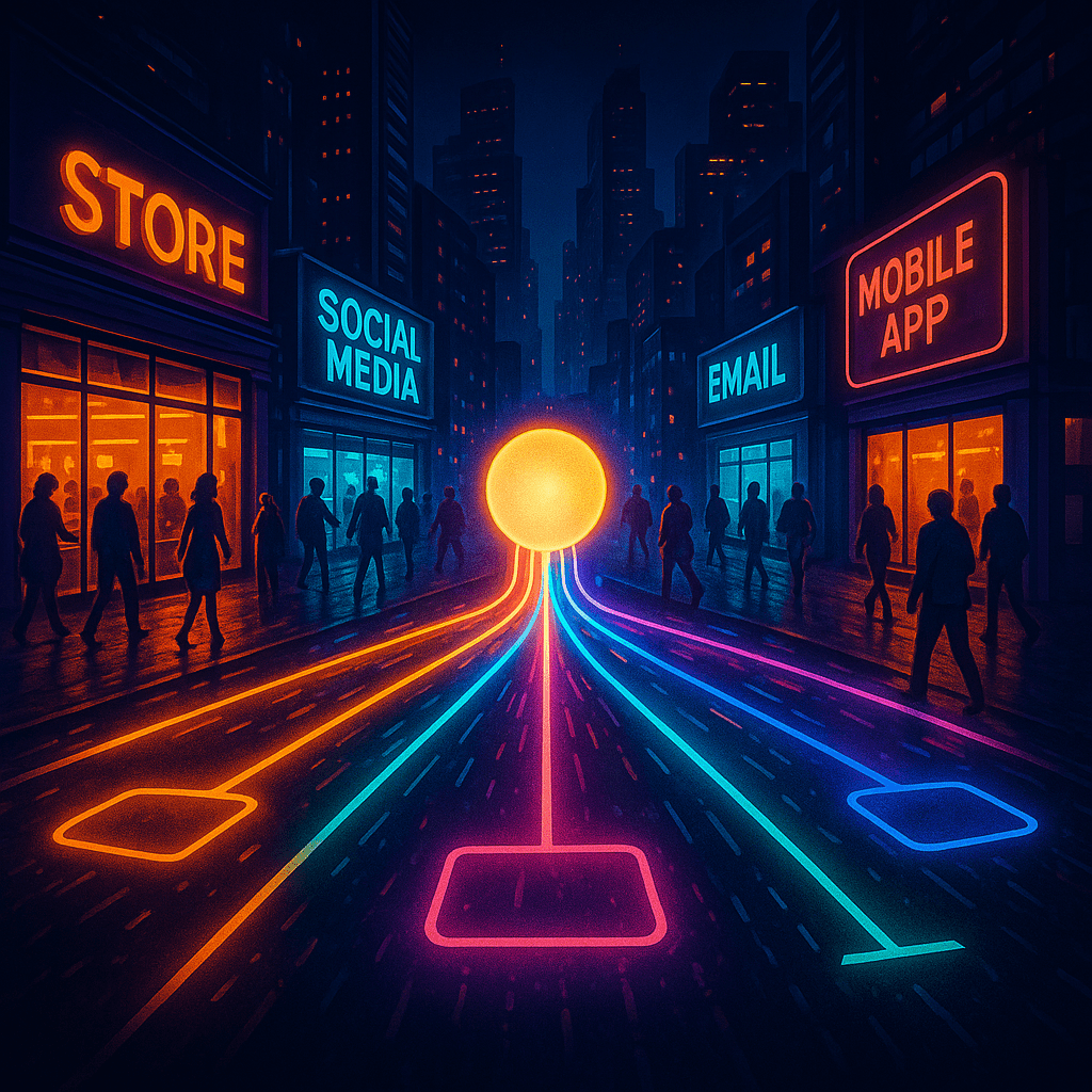 A futuristic city intersection at night where each road represents a channel — physical store, social media, mobile app, email, website. At the centre of the intersection is a glowing brand symbol (a neutral orb, no logos) connecting bright neon streams