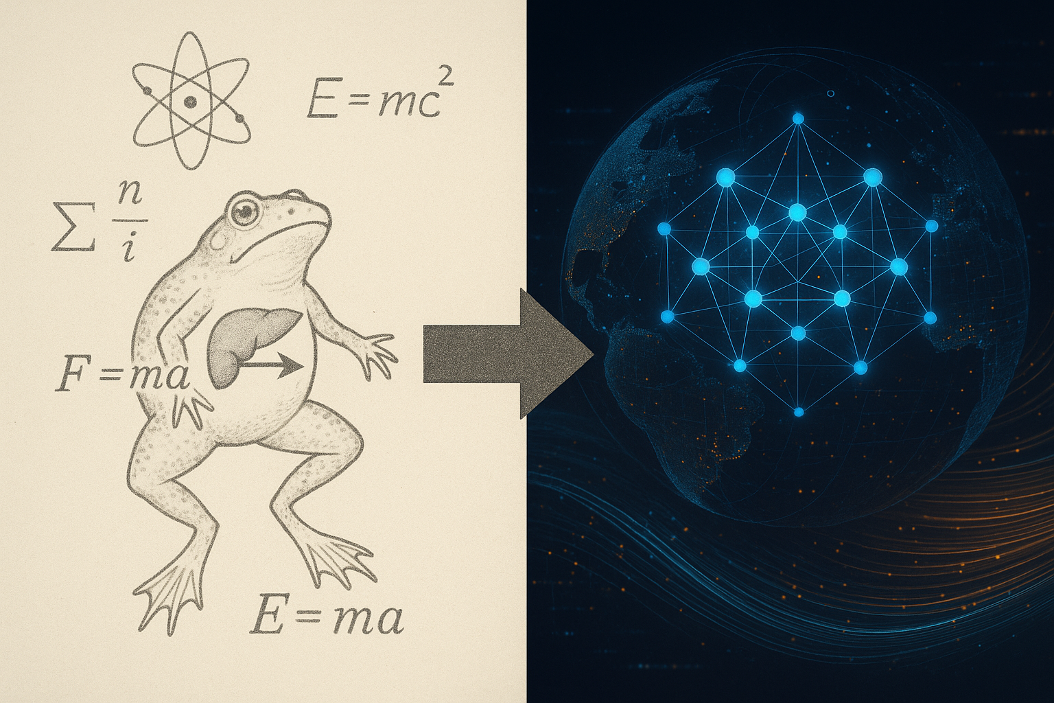 A split-screen concept:  Left side: a hand-drawn Feynman-style diagram of a frog being dissected, equations scribbled around it.  Right side: a glowing neural network overlaying a complex Earth system map, with data streams flowing into it.