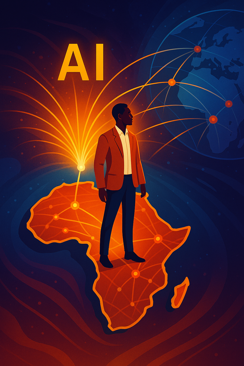 An abstract digital illustration of an African entrepreneur standing on a vibrant map of Africa, with AI-powered light beams connecting cities to global markets, symbolising growth, innovation, and global reach.