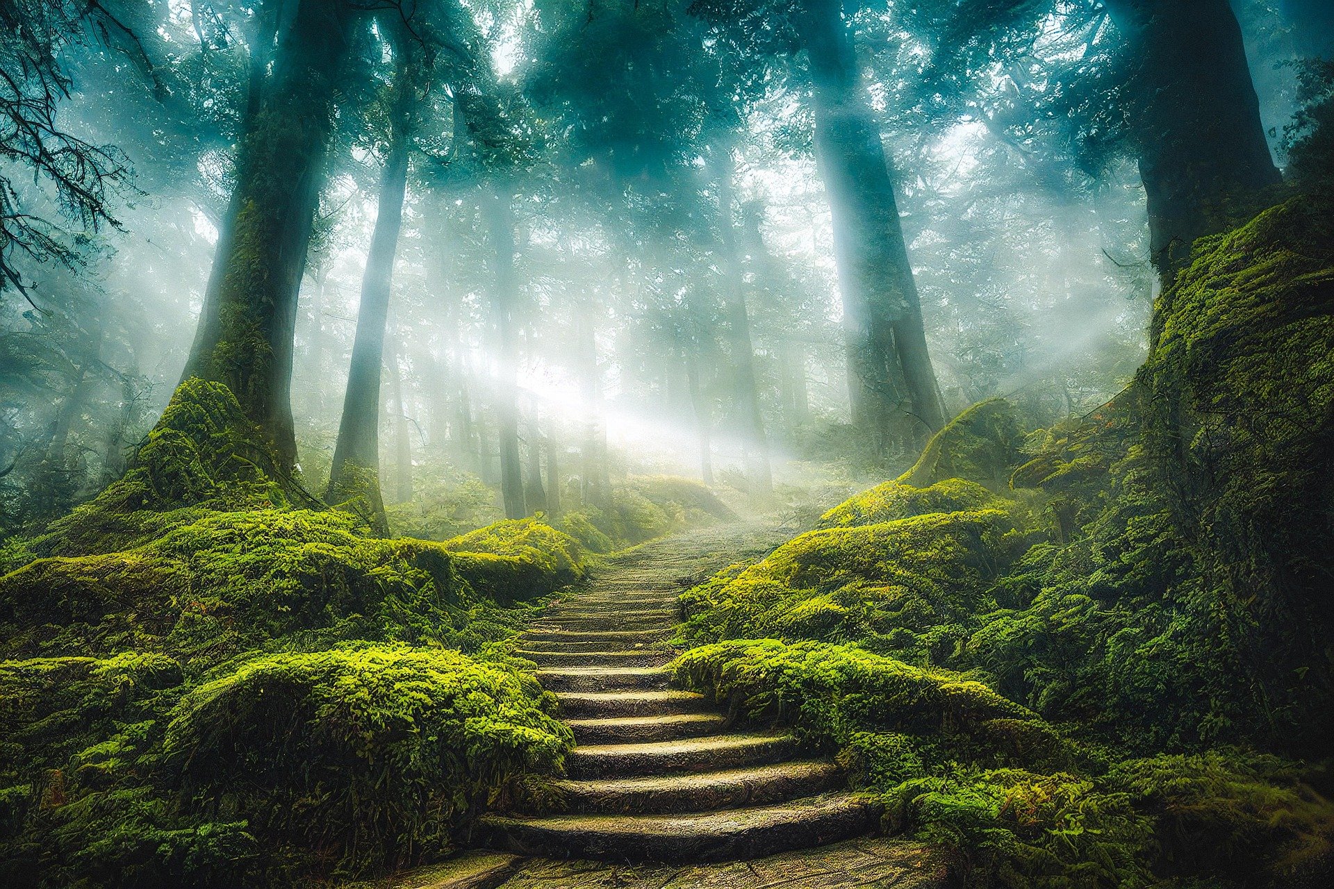 trees-sun-rays-stairs-light-forest