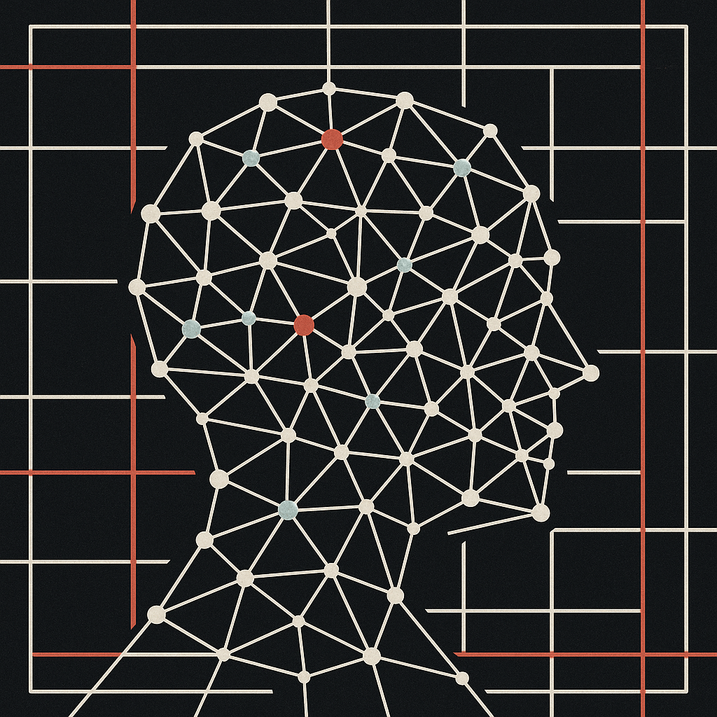 Abstract visualisation of intelligence emerging from structured constraints — a dynamic network of interconnected nodes forming a human-like silhouette or brain shape within a geometric grid, symbolising creativity bounded by structure. Use minimalistic de