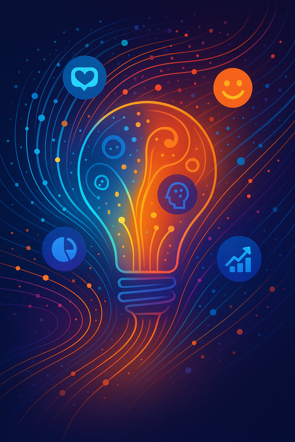 An abstract digital illustration representing creative performance metrics in the AI era — vibrant interconnected data streams forming the shape of a lightbulb, with icons for engagement, sentiment, brand recall, and conversions subtly embedded