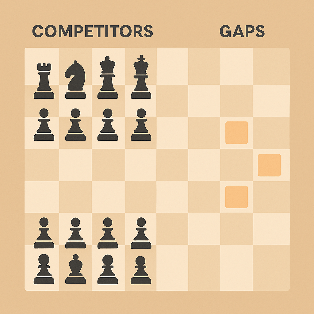 A chessboard. One side is filled with pieces (representing competitor moves). The other side shows open squares highlighted (representing gaps AI identifies).