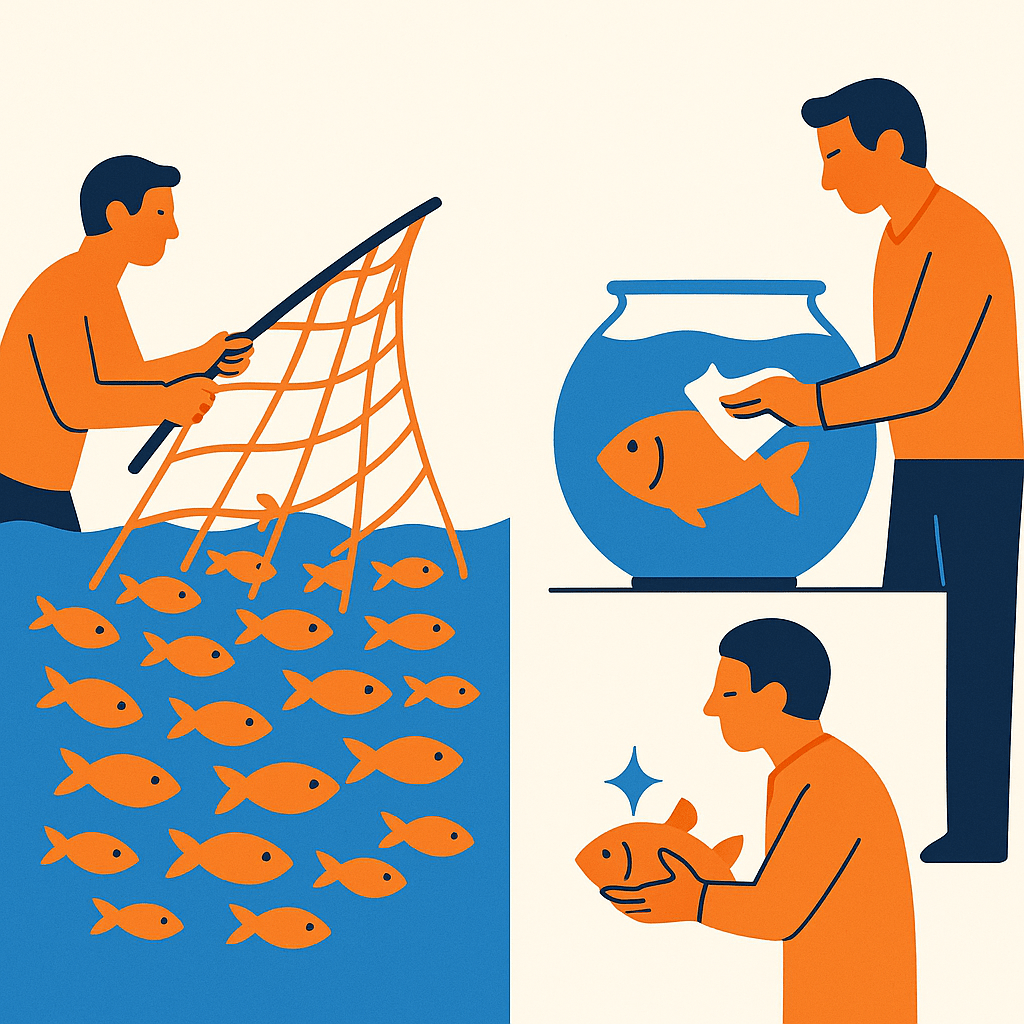 A two-part flat illustration: on the left, a wide fishing net cast into the sea catching many small fish (representing penetration and light buyers). On the right, a person polishing a single fish in a small fishbowl (representing loyalty obsession).