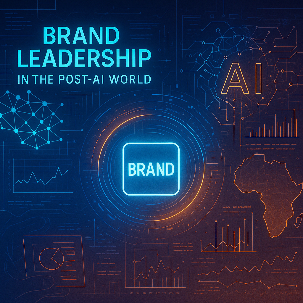 A futuristic digital landscape showing a glowing brand logo being analysed by AI algorithms, with neural network patterns, charts, and data points floating around it. The background shows a contrast of human touch (e.g., hand-drawn sketches) merging with m