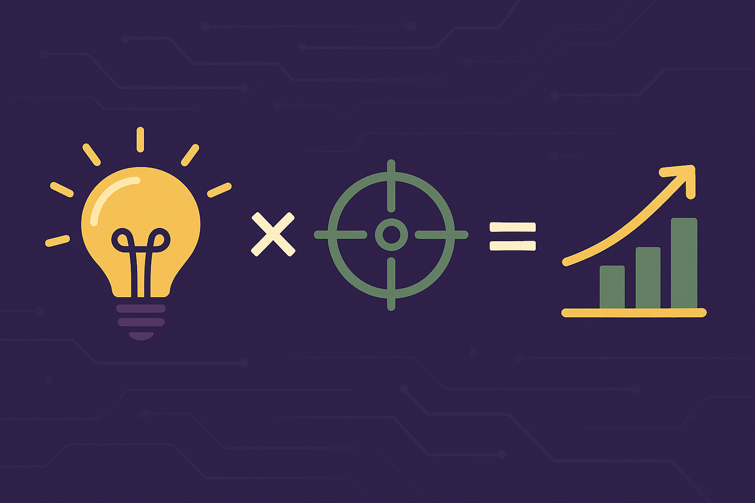 Minimalist conceptual illustration of a marketing equation: bright creative idea (light bulb) multiplied by precision targeting (crosshairs) forming a growth graph. Futuristic digital background, clean layout, South African design palette