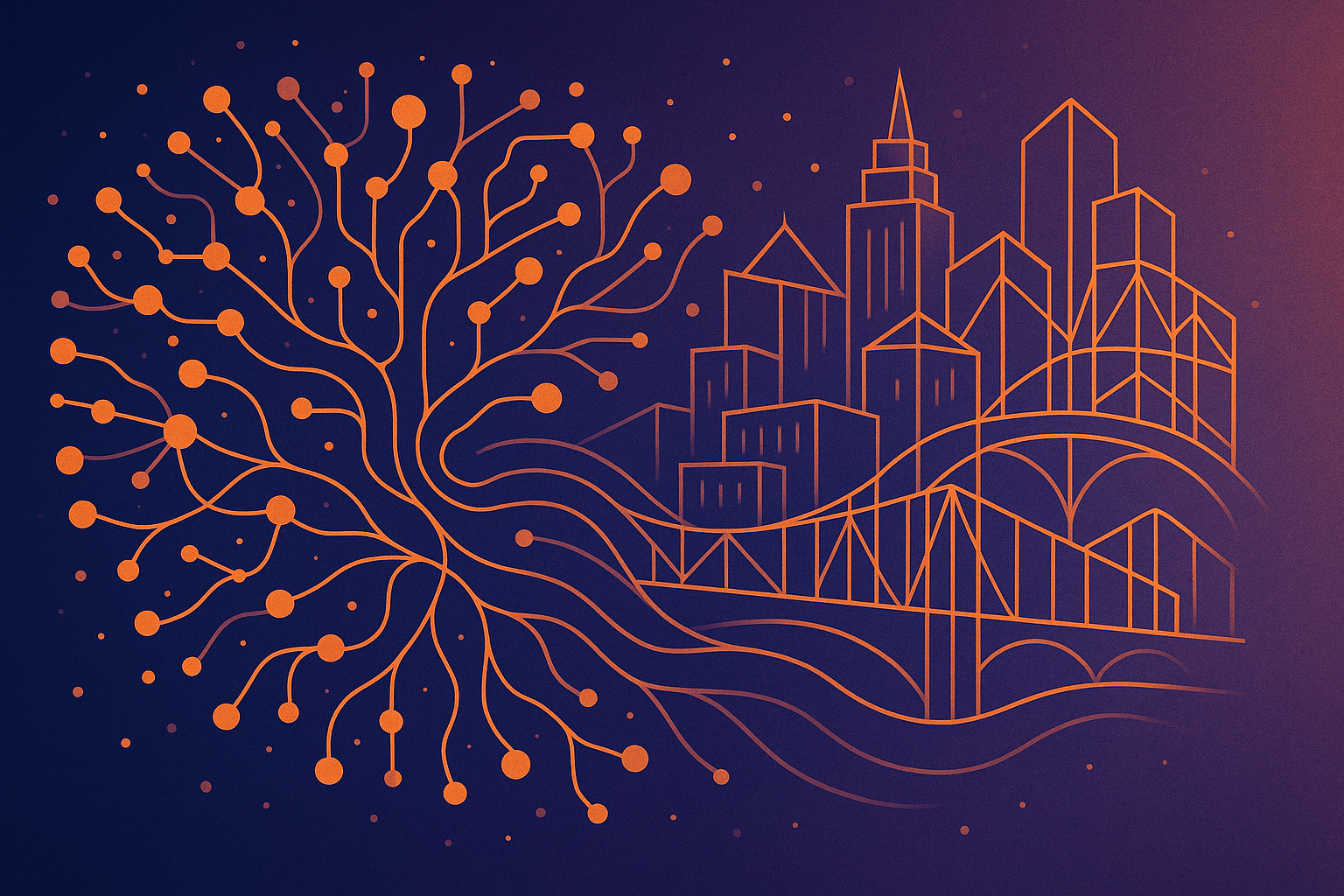 An abstract geometric network showing neural patterns merging into architectural structures — symbolising the fusion of human creativity and machine systems.