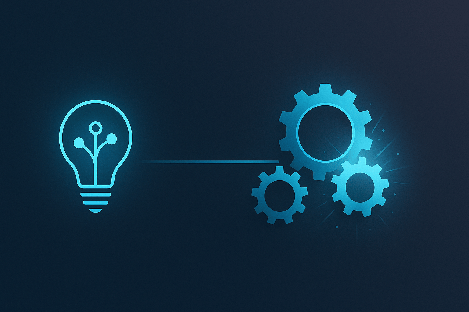 A minimalist conceptual illustration of a belief transforming into a self-running machine. On the left, a glowing thought symbol (lightbulb or neuron node); on the right, a precision gear network emitting light. A thin causal line connects them, symbolisin