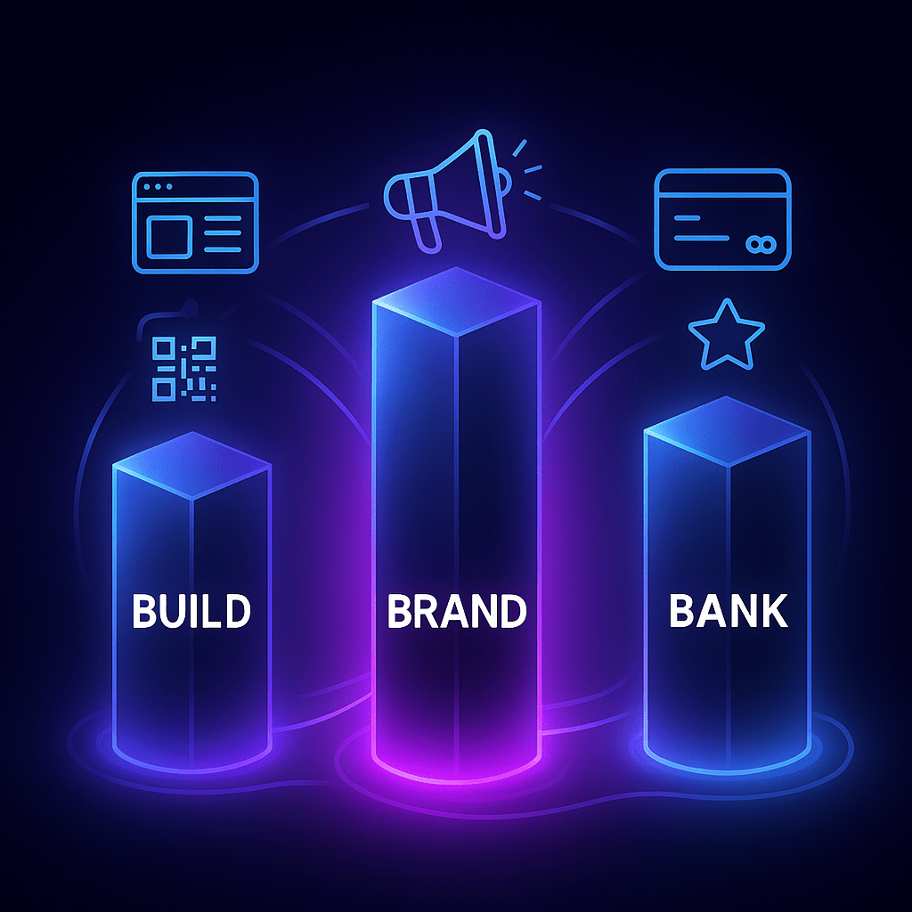 A sleek, futuristic illustration of three glowing pillars labelled “Build”, “Brand”, and “Bank”, connected by dynamic lines of light. Around each pillar are icons: a webpage and QR code for Build, a megaphone and star for Brand, and a credit card and coins