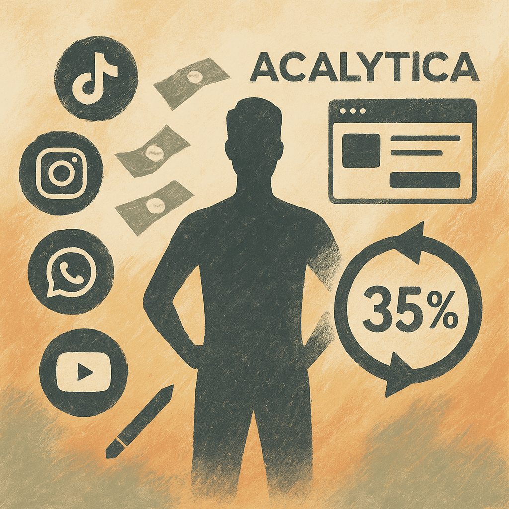 A bold, aspirational graphic showing an influencer at the centre with money and digital tools flowing around them. To the left, icons of social platforms (TikTok, Instagram, WhatsApp, YouTube). To the right, a recurring revenue loop with arrows and “35%” h