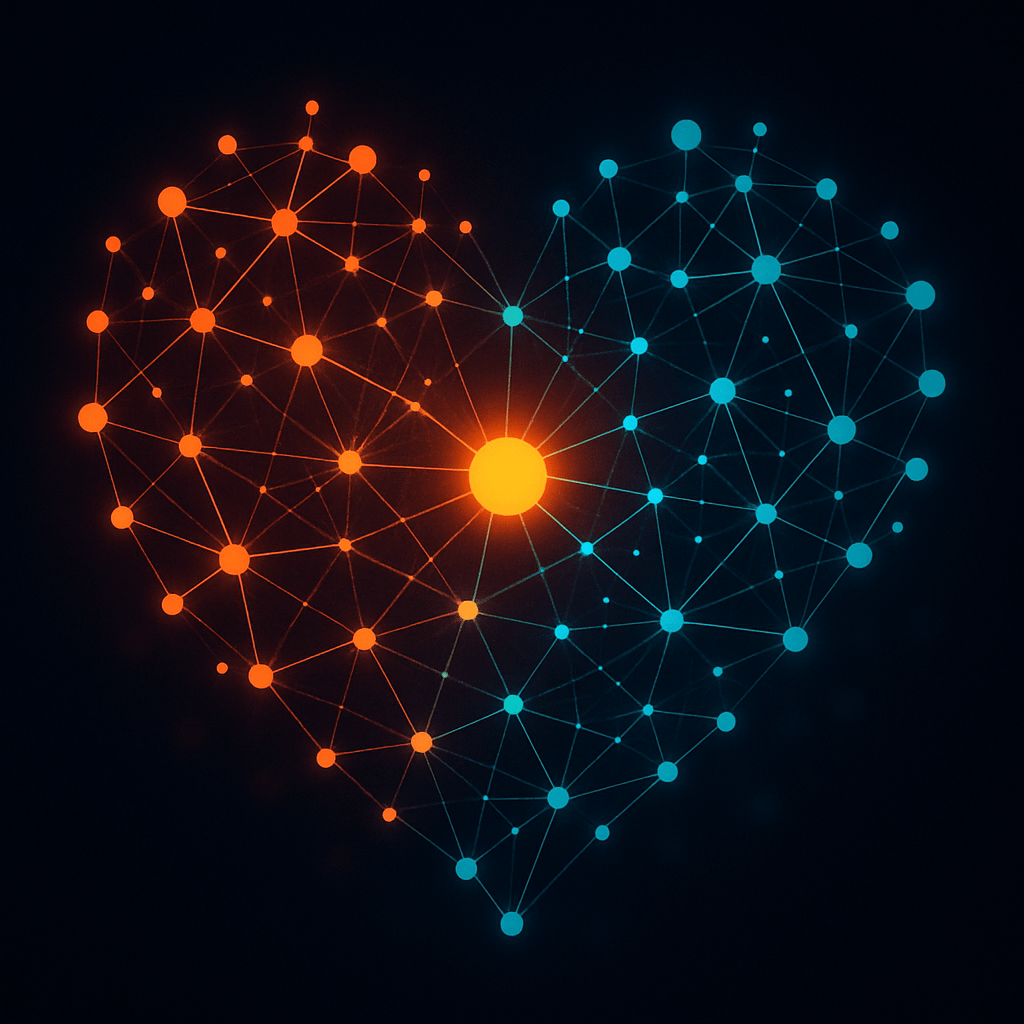 A glowing network map in the shape of a human heart. Each node represents a person, and the lines connecting them pulse with light. At the centre is a brighter, orb-like brand symbol radiating energy, with clusters of people connected to it and to each oth