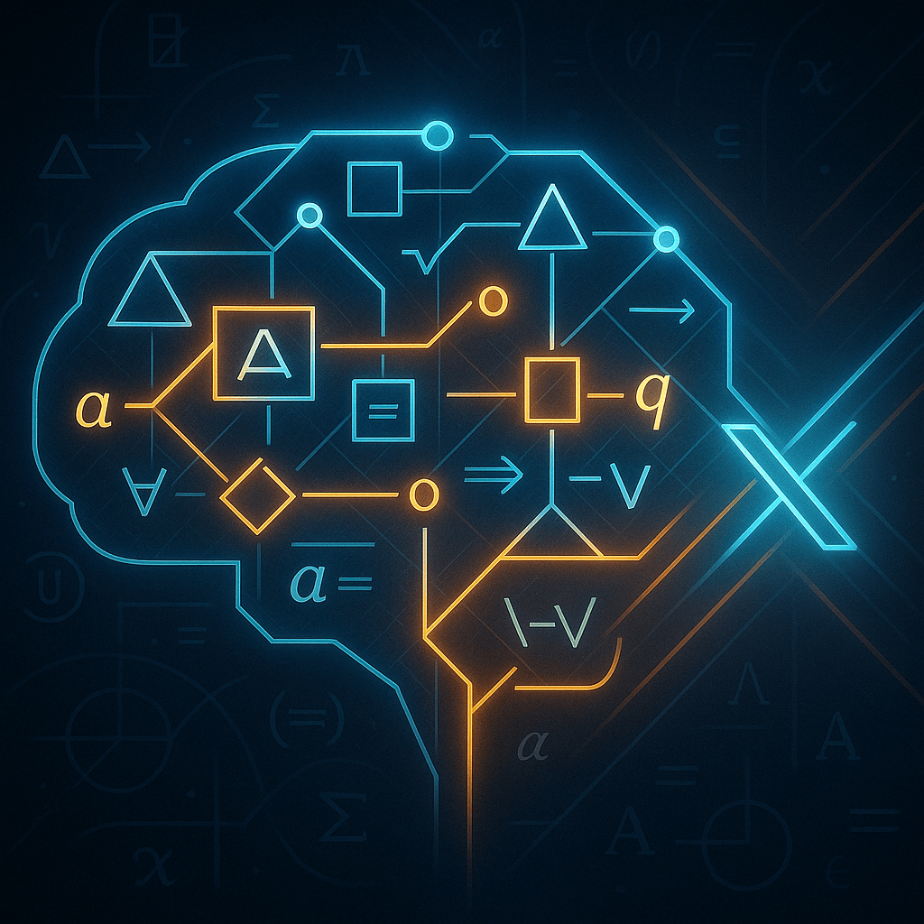 Generate a high-resolution, abstract illustration showing an AI brain made of interlocking geometric proofs and logic symbols, illuminated by lines of reasoning connecting axioms to conclusions, with a subtle glowing X motif representing Grok’s integration