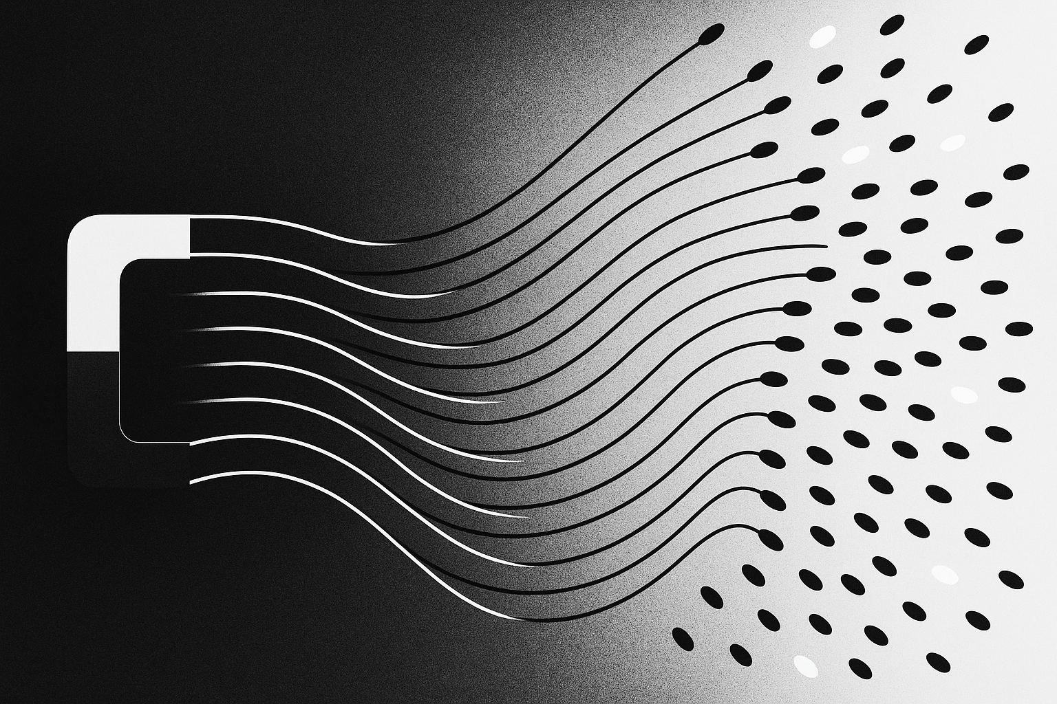 Abstract depiction of a magnetic field bending a mixed stream of particles in different directions, showing polarisation without any political symbols. High contrast, clean lines, physics-lab aesthetic, 16:9, no text.