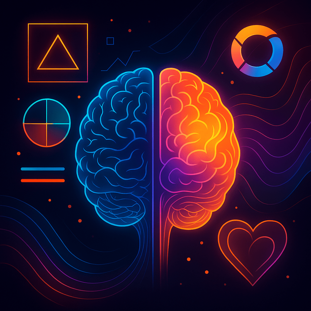 A glowing human brain split into two halves: one side shows geometric neon shapes (squares, triangles, bold lines) representing logic and modern precision; the other side shows flowing organic curves and warm colours (oranges, pinks, greens) representing