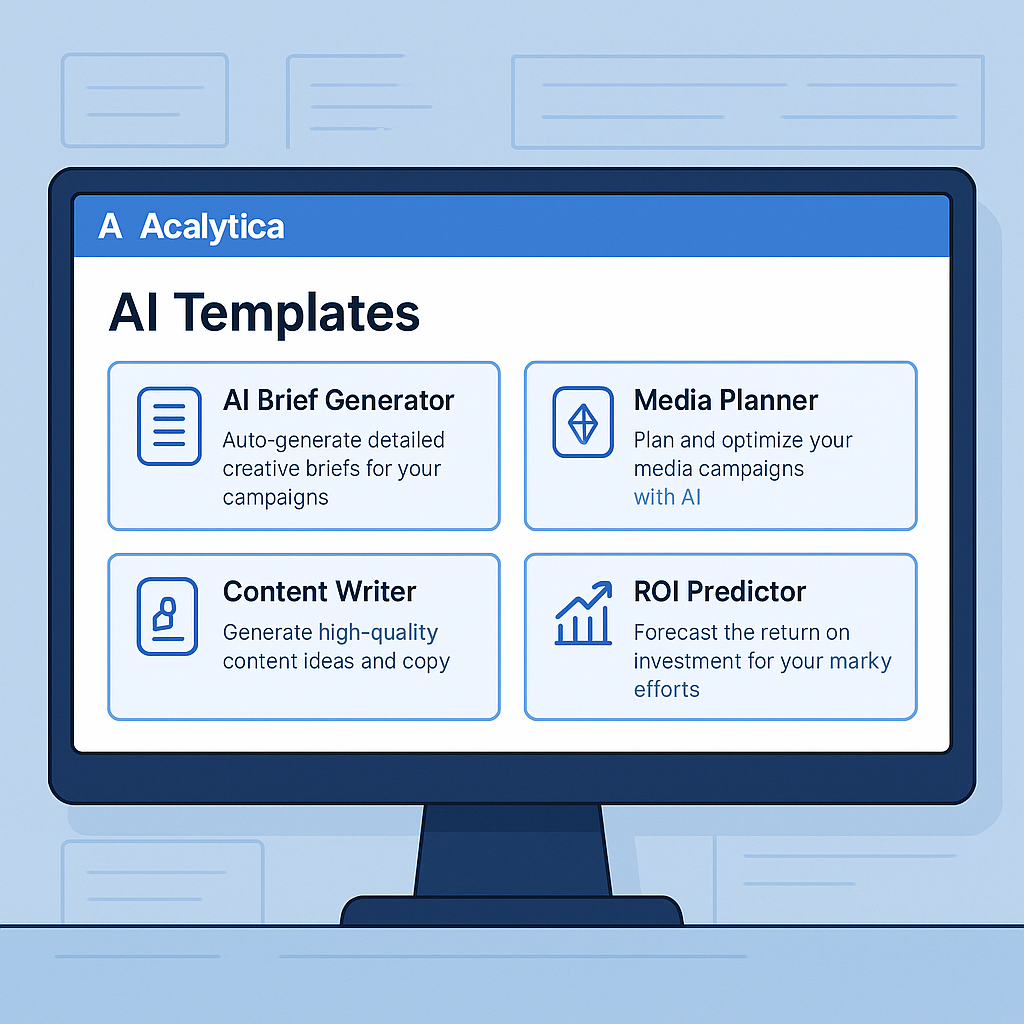 A sleek and modern workspace interface showing AI-generated templates on screen, with visual icons for media planning, content writing, and PR, set against a digital dashboard. Include labels like "AI Brief Generator", "Media Planner", and