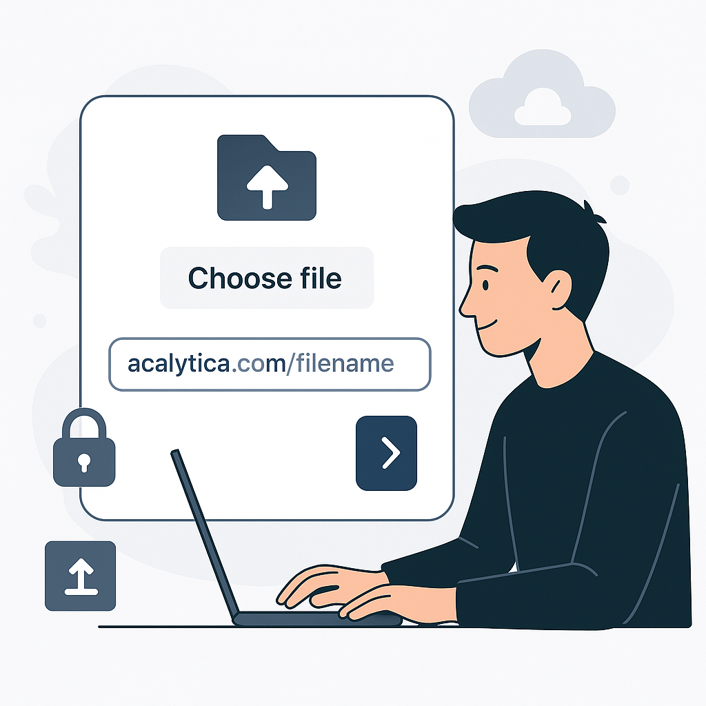 A clean digital illustration showing a person sending a file using a modern interface with a custom link (e.g., acalytica.com/filename). The scene should include UI elements like file upload icons, cloud storage symbols, and a secure lock symbol