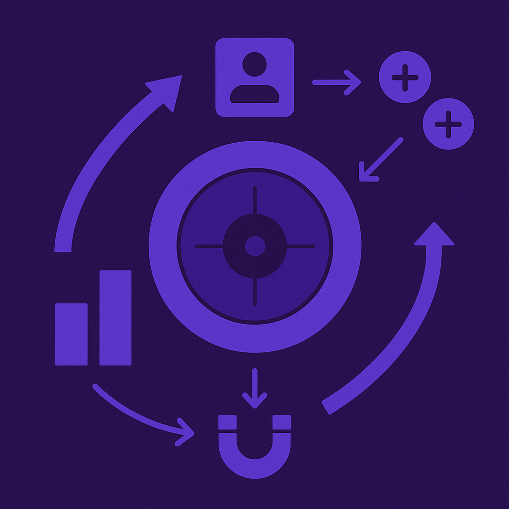 Abstract illustration of a stable revenue machine: clean geometric shapes, a central flywheel representing recurring revenue, surrounded by simple causal arrows showing acquisition, activation, retention, and expansion. Palette in deep purple and electric