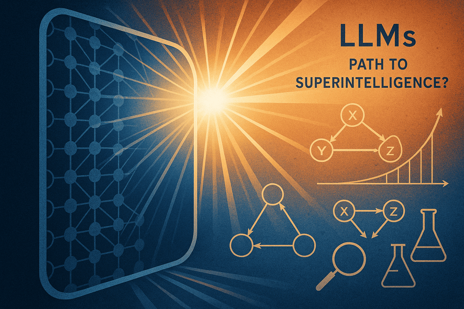 Abstract scene of a giant neural network “mirror” reflecting a bright light source symbolising understanding, with some rays passing through and refracting into structured causal diagrams and experimental tools in the background.