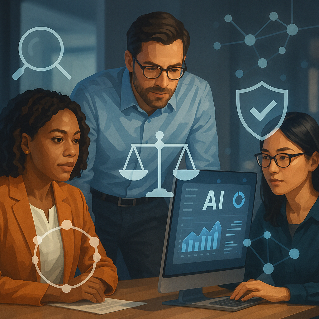 A diverse team of marketers in a modern workspace reviewing an AI dashboard. Visual elements include transparency icons (like a magnifying glass and shield), ethical balance scales, and abstract network nodes subtly glowing.