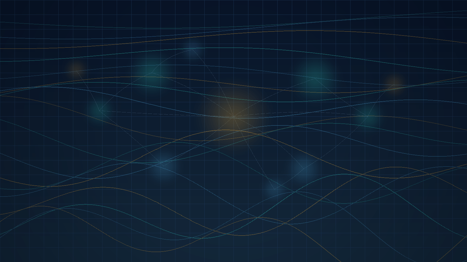a structured grid (representing brand management's operational discipline) overlaid with flowing curves and an interconnected network of glowing nodes (representing brand leadership's strategic, cross-functional nature). The teal, blue, and gold pa